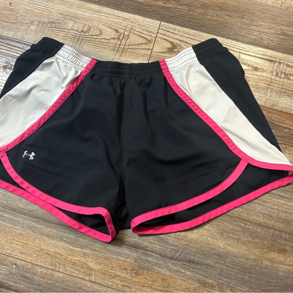 Under Armour Women's Black and White Athletic Shorts with Pink Trim
